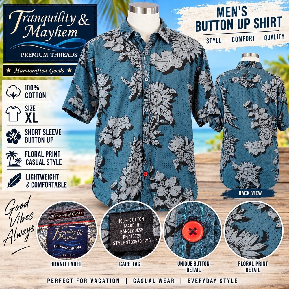 Tranquility & Mayhem Mens XL Teal Floral Sunflower Cotton Button Up Shirt
